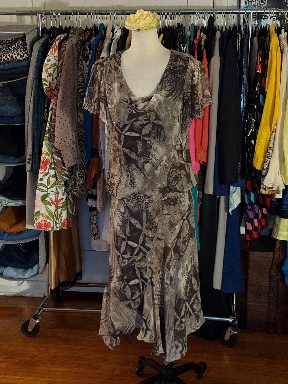 Vintage Silk Two Piece Skirt Set Featuring A Mesh Floral Top and Matching Skirt